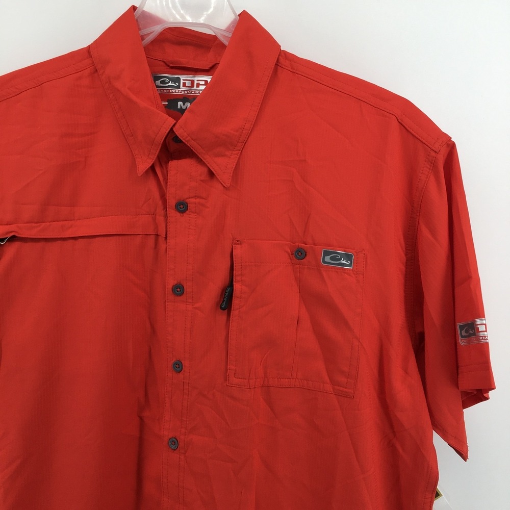 Drake Waterfowl DPF Fishing Shirt Mens M‎ Red Short Sleeve Ripstop Vented Button